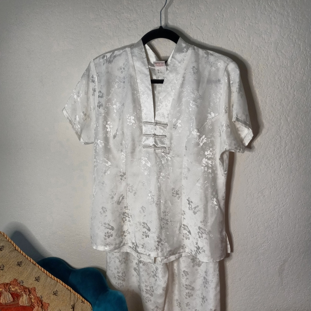 White Silk Mandarin Style Pants Set